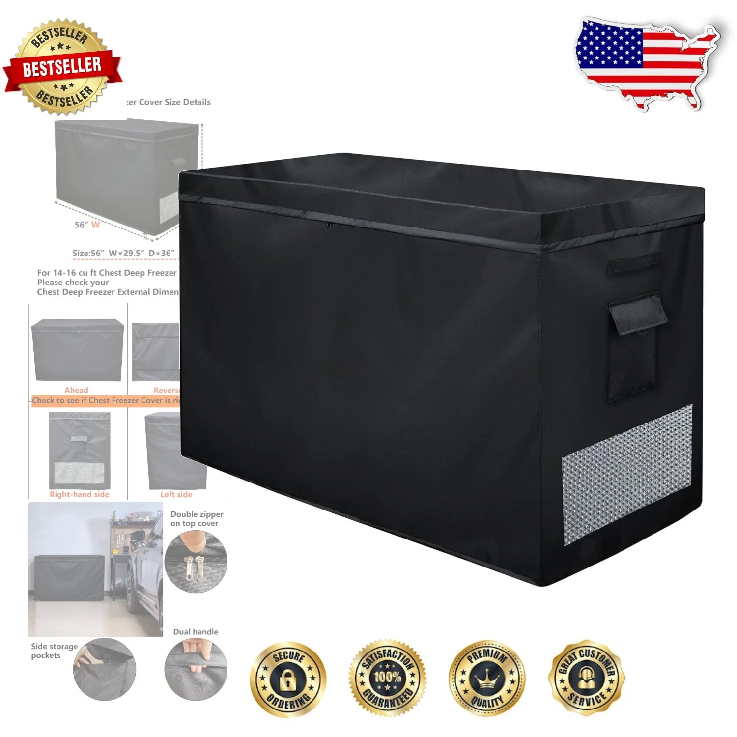 Durable 56" Black Freezer Cover with Zipper & Stor